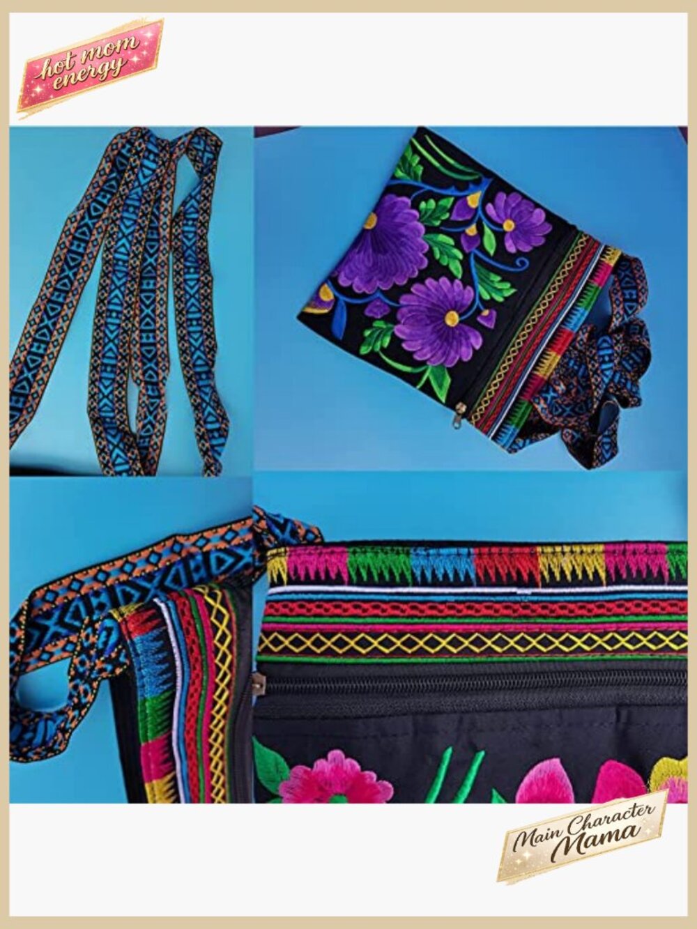 Vintage Embroidered Hobo Crossbody Bag Boho Hippie Travel Purse Zipper Pockets - Picture 5 of 7